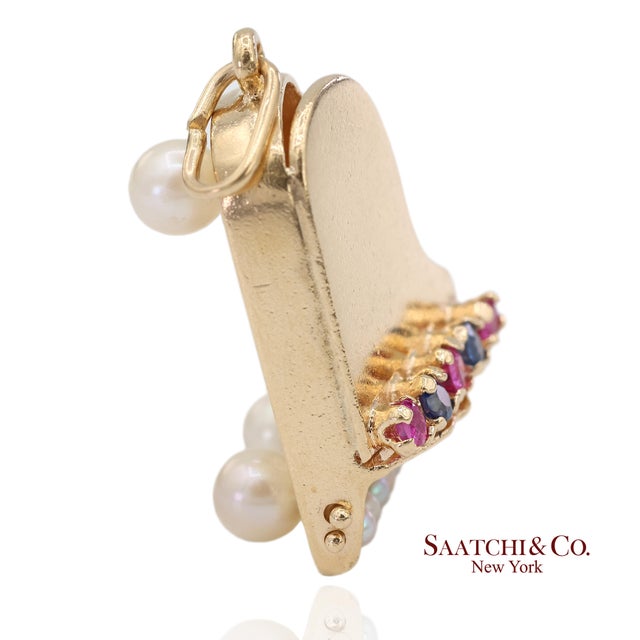 Art Deco 14k Solid Yellow Gold Pearl and Multicolor Gemstone Piano Charm Pendant For Sale - Image 3 of 11