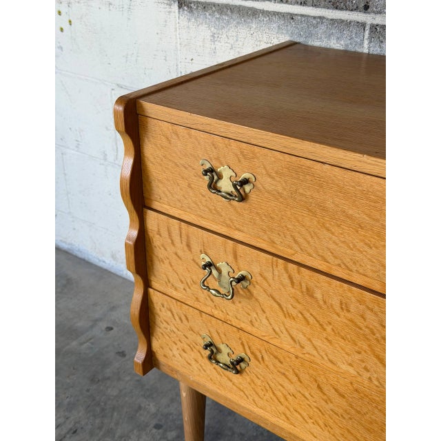 Solid Oak Three-Drawer Dresser With Scalloped Side Panels Danish Mid-Century Modern 1970s For Sale - Image 4 of 11