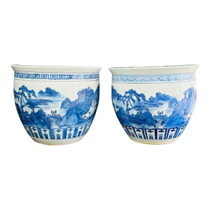 Vintage Chinese Blue and White Porcelain Fishbowl Planters | Pair of 1980s Chinoiserie Jardinières | Grand Millennial Home Decor |