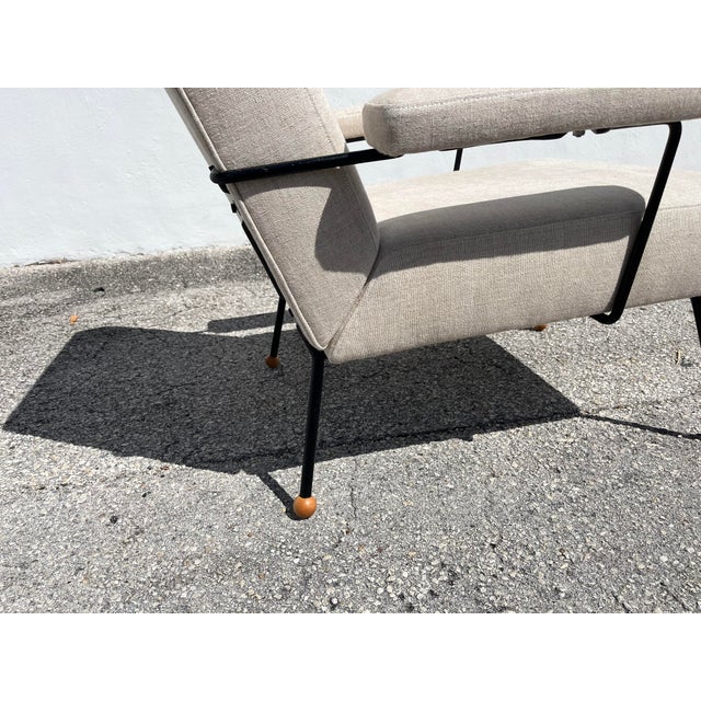 Metal 1950s Lounge Chair Attributed to Milo Baughman, Black Iron, Kravet Beligan Linen For Sale - Image 7 of 17