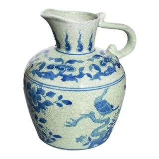 Chinoiserie Blue and White Ceramic Pitcher With Crane and Floral Motif For Sale