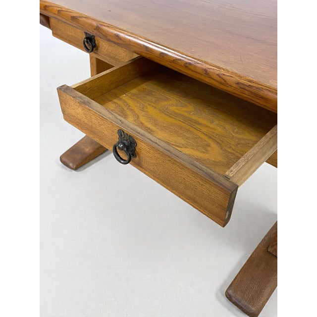 1940s Vintage Oak Writing Desk with Trestle Base, 1940s For Sale - Image 5 of 16