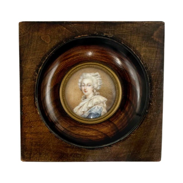 Wood Antique French Style Miniature Portrait of a Lady in Deep Wood Frame For Sale - Image 7 of 12