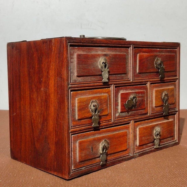 Vintage Chinese Huali Rosewood 7-Drawer Jewelry Chest With Brass Mounts For Sale - Image 9 of 9