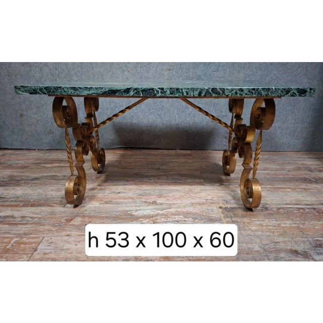 Wrought Iron Coffee Table with Scrollwork Decor and Marble Top, 20th Century Work For Sale - Image 7 of 8