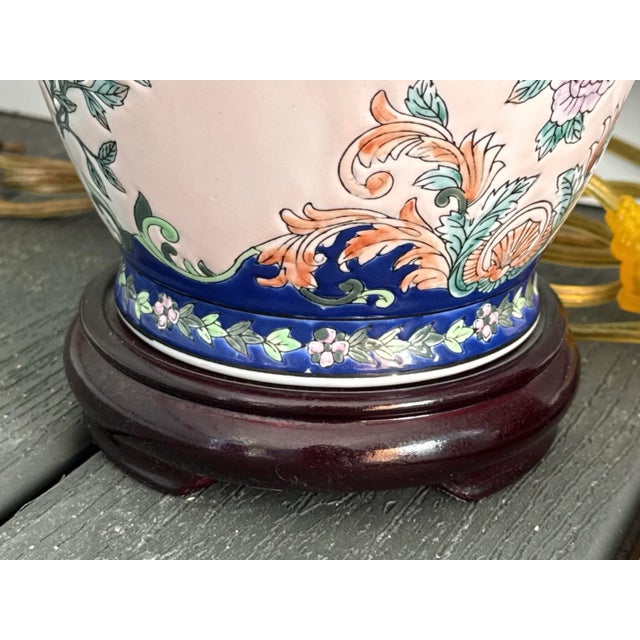 Wood Vintage Chinoiserie-Style Porcelain Floral Table Lamps - A Pair For Sale - Image 7 of 13