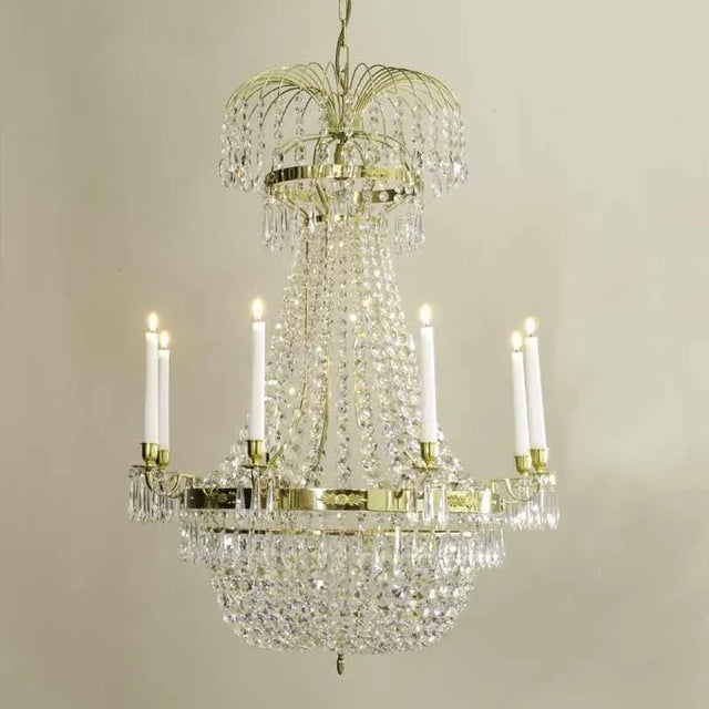 Empire Polished Brass 8 Arm Chandelier With Crystal Basket Bottom For Sale In Greensboro - Image 6 of 7