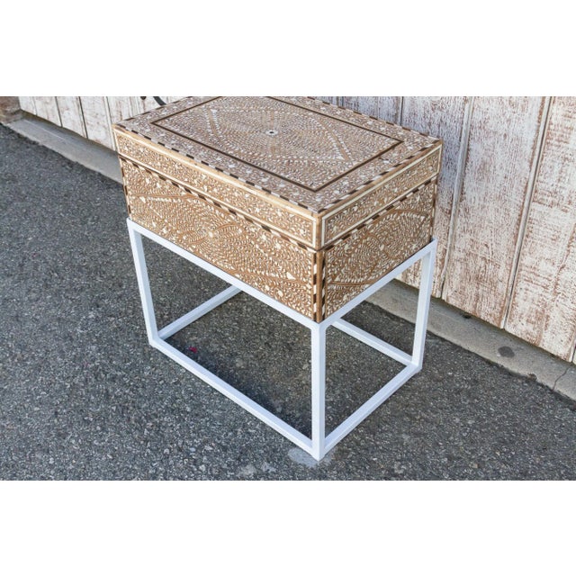Wood Antique Teak Inlay Box on Stand Side Table For Sale - Image 7 of 12