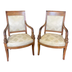 French Empire Carved Walnut Armchairs With Dolphin Armrests -A Pair