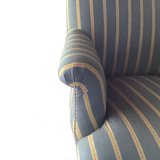 Blue Vintage French Napoleon III Curved Back Armchair With Matching Ottoman Covered With Osborne & Little Mid Blue & Yellow Striped Silk Moiré. For Sale - Image 8 of 13
