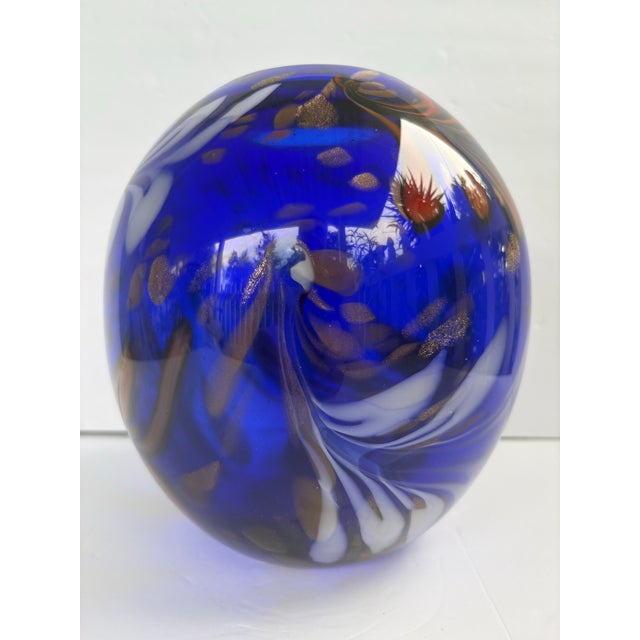 Mid 20th Century Mid 20th Century Cobalt Blue Art Glass Vase With Multicolor Swirls and Gold Sparkle, Murano Style For Sale - Image 5 of 7