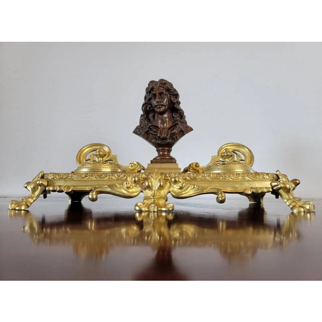19th Century 19th Century French Gilt Bronze Encrier Desk Stand Double Inkwell, Signed Jf For Sale - Image 5 of 11