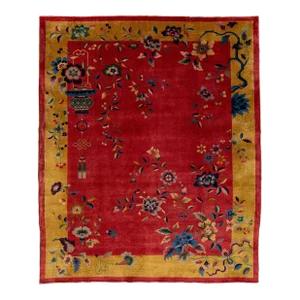Antique Art Deco Chinese Floral Wool Rug Handmade in Red