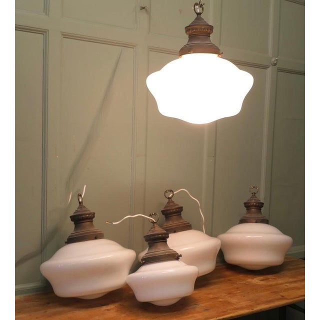 1930s Large Industrial Ceiling Lights with Glass Shades, 1930s, Set of 4 For Sale - Image 5 of 8