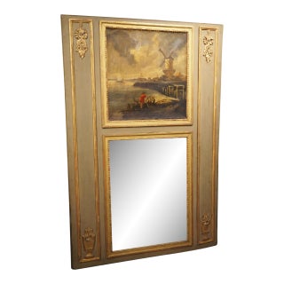 Antique French Gray Painted and Giltwood Louis XVI Style Trumeau Mirror, C. 1880 For Sale