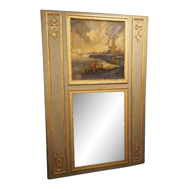 Antique French Gray Painted and Giltwood Louis XVI Style Trumeau Mirror, C. 1880 For Sale