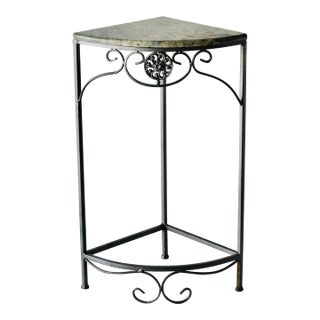 1980s Vintage Corner Faux Marble Metal Ornate Table Plant Stand For Sale