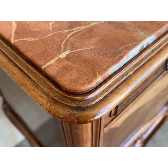 Wood Antique French Mahogany Night Stands with marble top and wheels, 1900, 2 Pieces For Sale - Image 7 of 18
