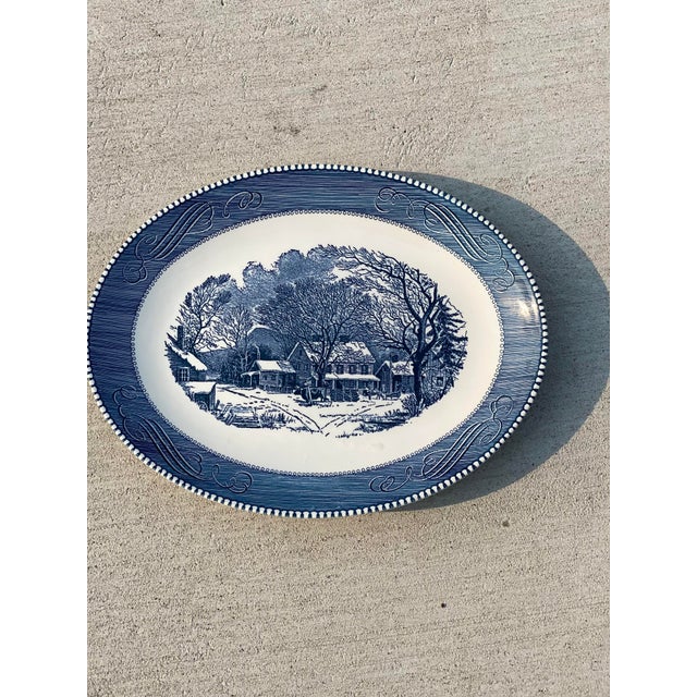 2! Royal China USA, Currier and Ives Blue 13 1/8” x 10 1/4” Oval Serving Platter, Depicting old in winter, pictures are...