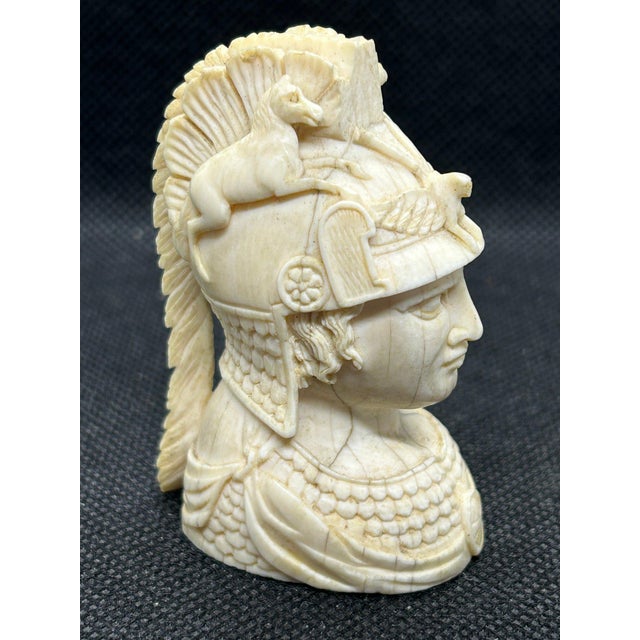 Antique Late 18th C. Grand Tour Carved Bone Bust of Minerva, Neoclassical Athena Sculpture, Roman Goddess of War Miniature, European Cabinet Curio For Sale - Image 4 of 14