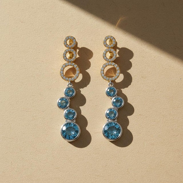 Metal Drop Earrings With Natural Sky Blue Topaz, Silver, Gold, Pair For Sale - Image 7 of 7