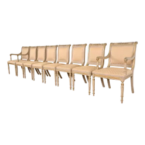 French Regency Louis XVI Carved Hand-Painted and Gold Gilt Dining Chairs, Set of Eight