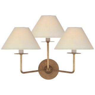 Niermann Weeks for Visual Comfort Signature Kelley Medium Triple Sconce in Gilded Iron with Linen Shades For Sale