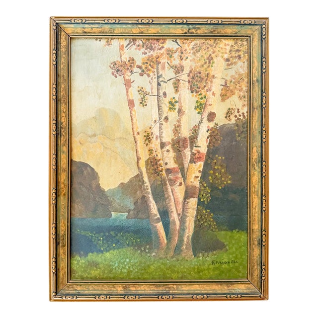 Early 20th Century Riverside Birch Trees Painting on Board by F. Mighell For Sale