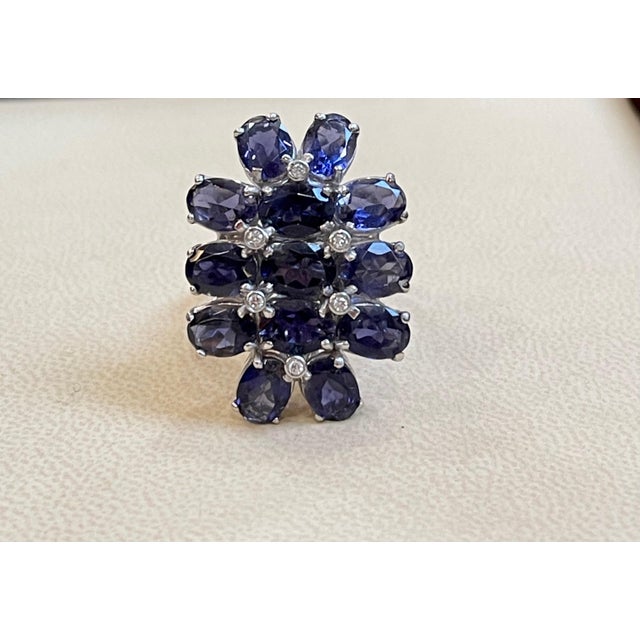 Blue 10 Carat Natural Iolite and Diamond Cocktail Ring in 18 Karat White Gold Estate For Sale - Image 8 of 18