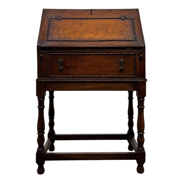 Antique Early 20th Century English Jacobean Oak Bureau For Sale