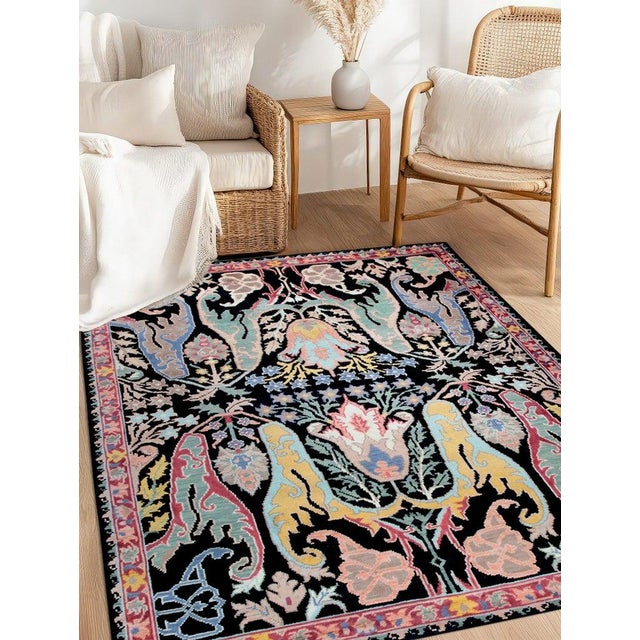 Black 8x10 Black Hand-Knotted Wool Mythical Beasts Garden Traditional Carpet Rug For Sale - Image 8 of 8