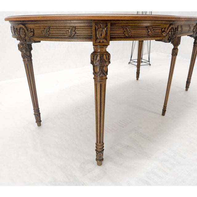 Wood Round Racetrack w/ Two Large Leaves Carved Olive Finish Dining Table MINT! For Sale - Image 7 of 13