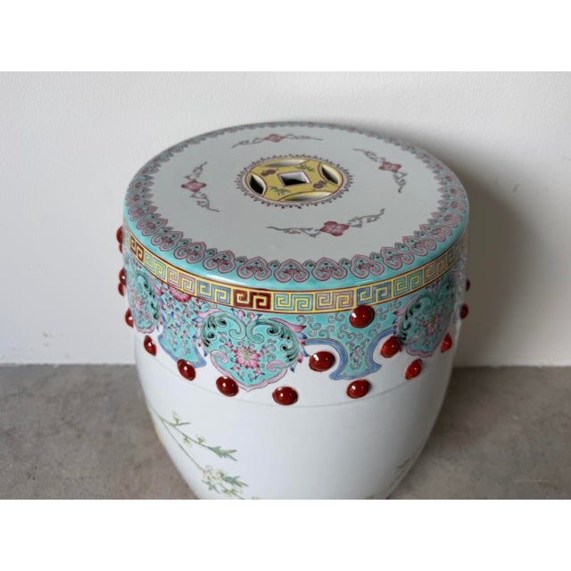 Vintage Chinese Famille Rose-Style Hand-Painted Porcelain Garden Stool With Pierced Cash-Coin Motifs For Sale - Image 11 of 12