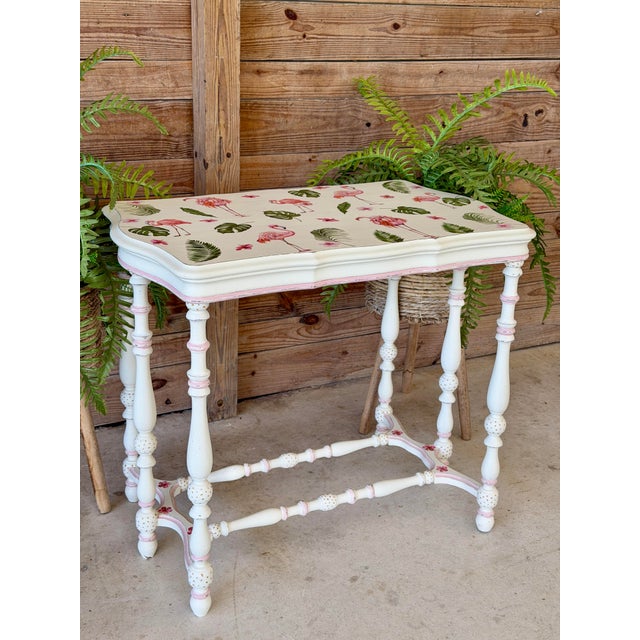 Antique Console Table With Custom Flamingo Decoupage Top | Hand-Painted Coastal Piece For Sale - Image 12 of 12