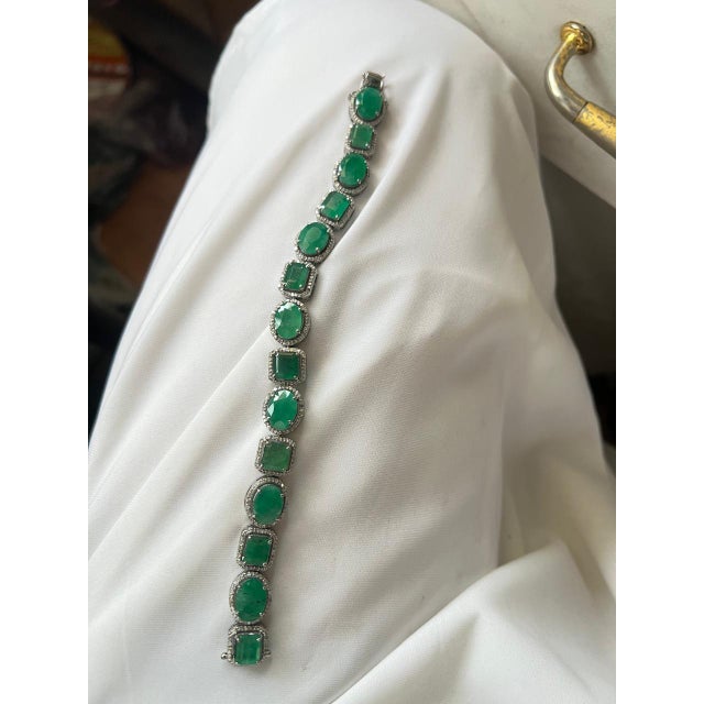 English Bochic “Capri” Vintage Zambian Emerald & Diamond Bracelet Set 18K Gold & Silver For Sale - Image 3 of 13