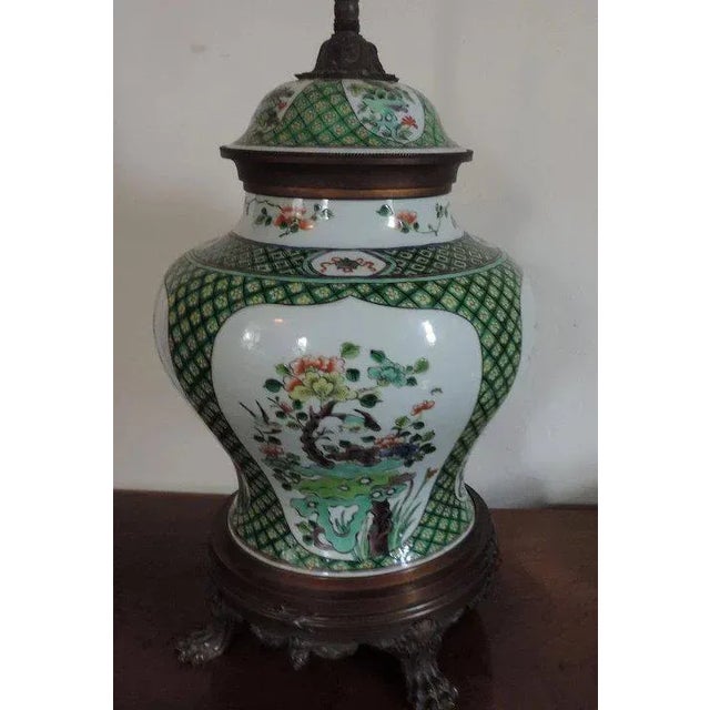 Ceramic Chinese Famille Vert Porcelain Jar & Cover in French Bronze Mounts as a Table Lamp For Sale - Image 7 of 11