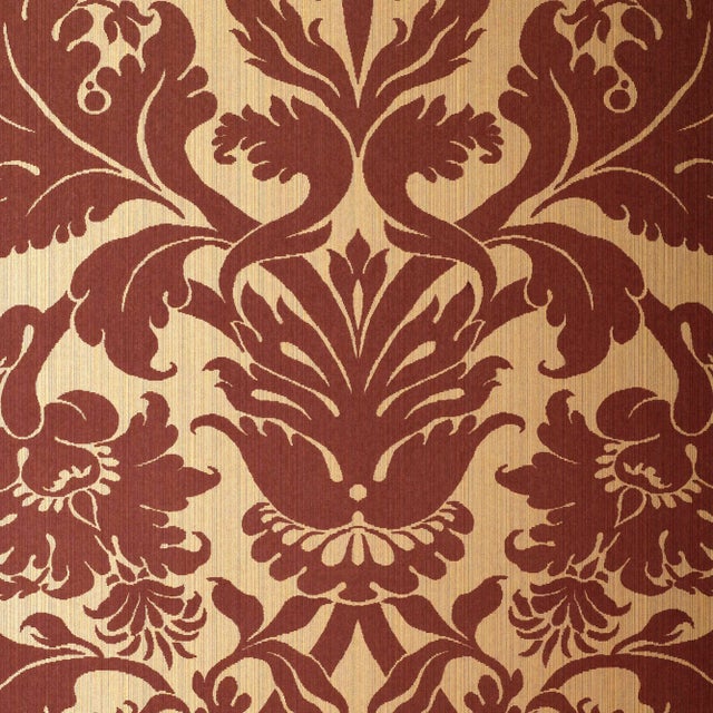 Sample - Schumacher Fiorella Damask Wallpaper in Red on Gold For Sale