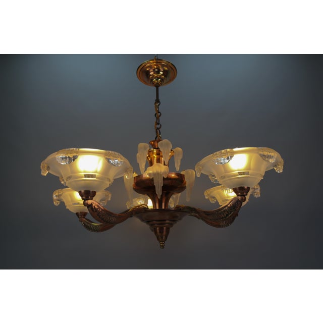 Art Deco French Frosted Glass, Brass, and Copper Chandelier, 1930s For Sale - Image 3 of 18