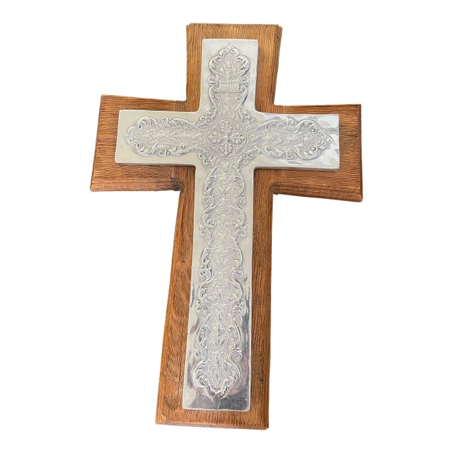 Wood Wall Cross With Ornate Silver Overlay For Sale