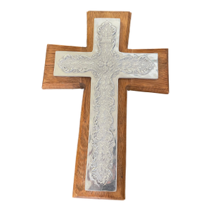 Wood Wall Cross With Ornate Silver Overlay