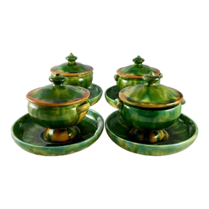 Poterie De Bavent French Pottery Covered Terrines With Under-Plates, Set of Four
