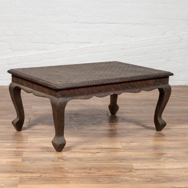 Vintage Indian Coffee Table with Brushed Metal Patina over Wood and Floral Décor For Sale - Image 10 of 13