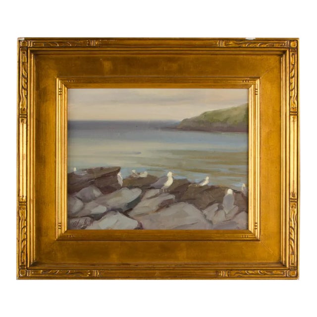 "Seagulls on the Rocks" Coastal Oil Painting by Alison Hill, Framed For Sale