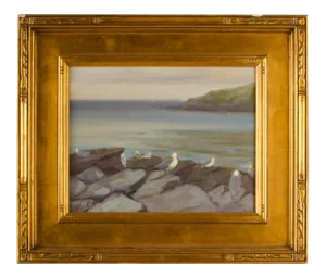 "Seagulls on the Rocks" Coastal Oil Painting by Alison Hill, Framed