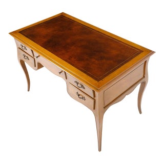 Country French Solid Walnut Leather Top Writing Table Desk For Sale