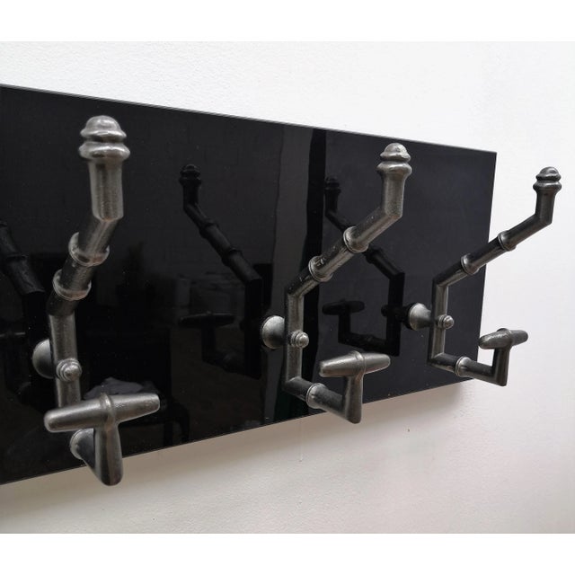 Wood Antique Cast Iron & Faux Bamboo Wall Hooks Hangers on New Black Wooden Support For Sale - Image 7 of 9