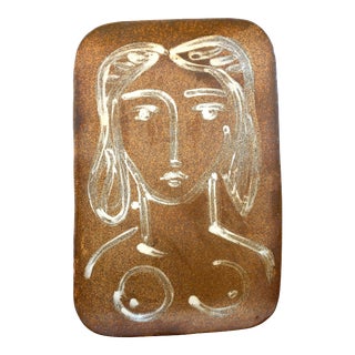 Handmade Earthenware Slip Painted Platter With Figure For Sale