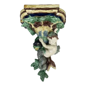 19th Century French Majolica Palissy Wall Bracket Shelf With Putti Merman