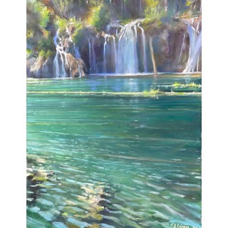 Hanging Lake with Weber by Bruce A Gómez | Pastel Painting of a serene lake with waterfalls For Sale