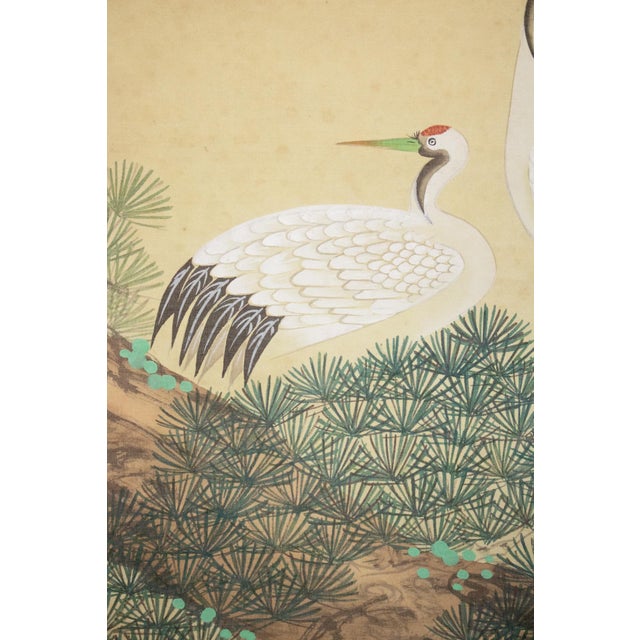 Textile "Cranes and the Big Pine Tree", Showa Era Japanese Silk Scroll Painting For Sale - Image 7 of 17